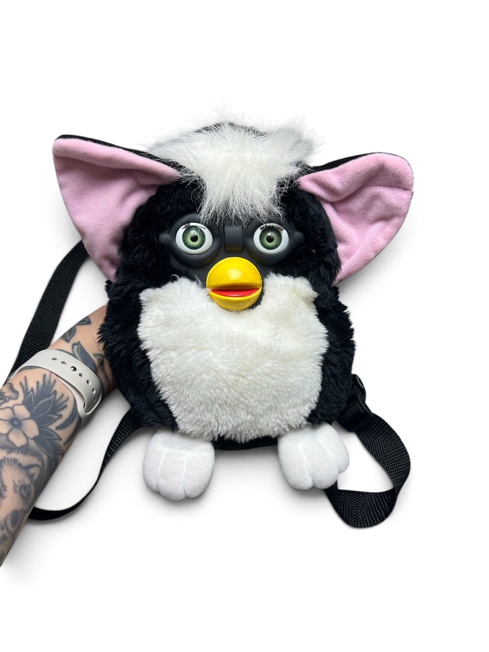 Vintage Furby Plush Backpack Black White Pink Ears Green Eyes Y2K Rare